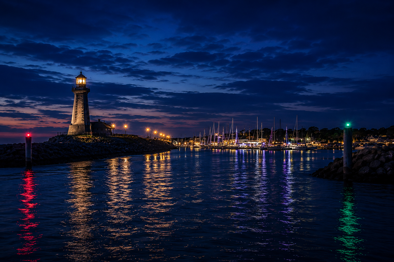 Lighthouse and harbor at night