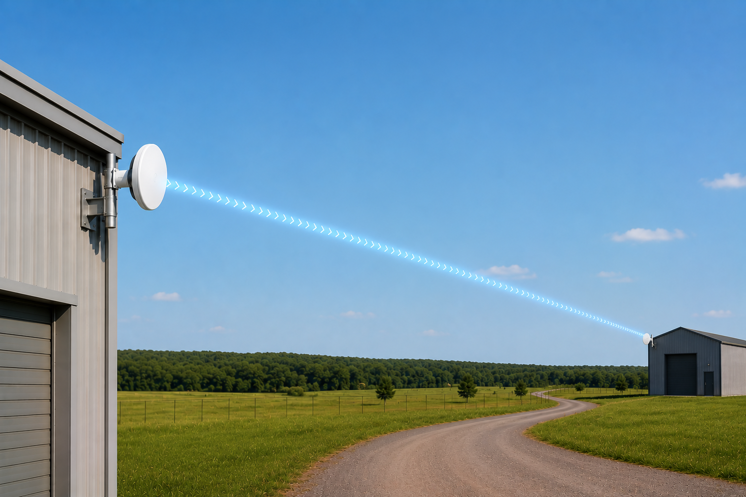 Point-to-point wireless link connecting two metal buildings across a rural property