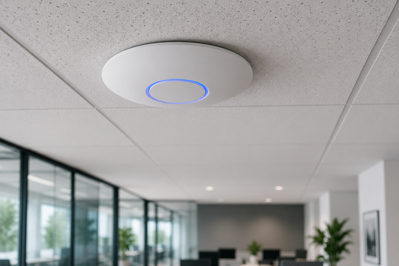 Ceiling-mounted white Wi-Fi access point with a glowing blue ring in a modern office