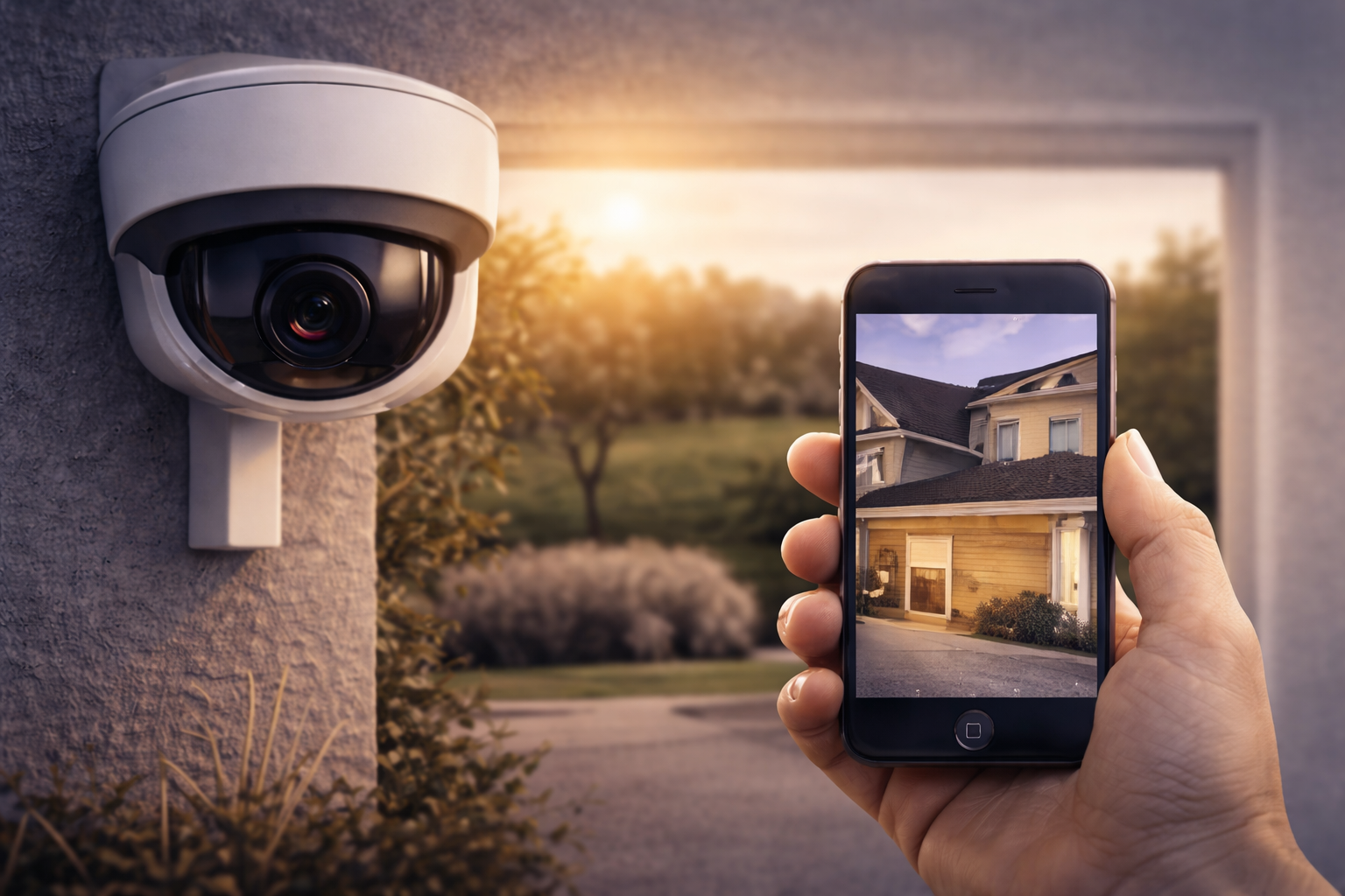 Outdoor home security camera with live view on a smartphone