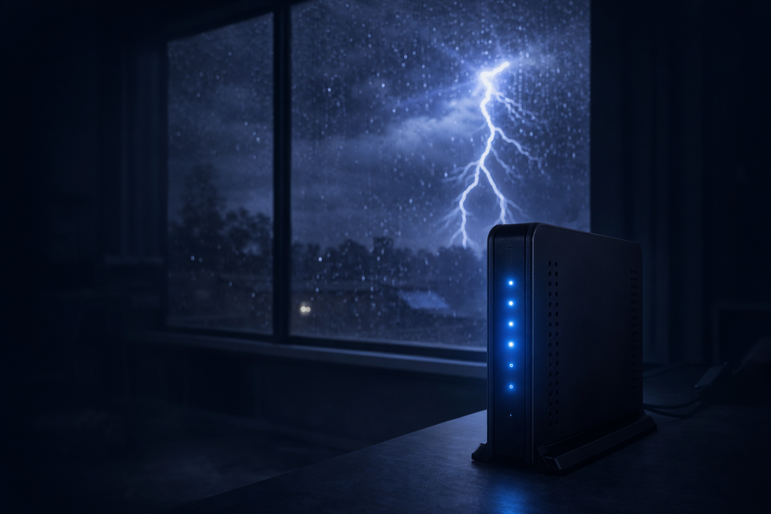 Modem with status lights glowing during a lightning storm outside the window