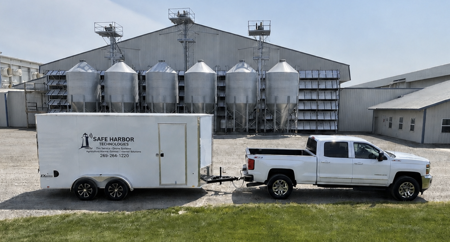 Safe Harbor Technologies service truck and trailer parked at a livestock facility with feed bins in the background.