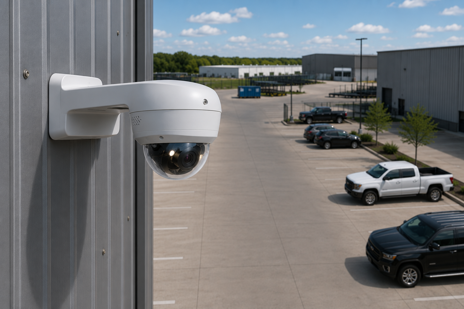 White dome security camera mounted on a commercial building overlooking a parking lot with trucks and warehouses