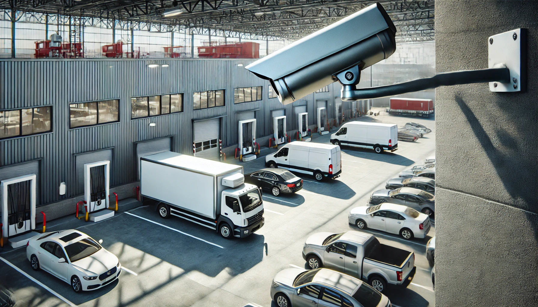Surveillance camera overlooking a commercial loading dock and parking lot