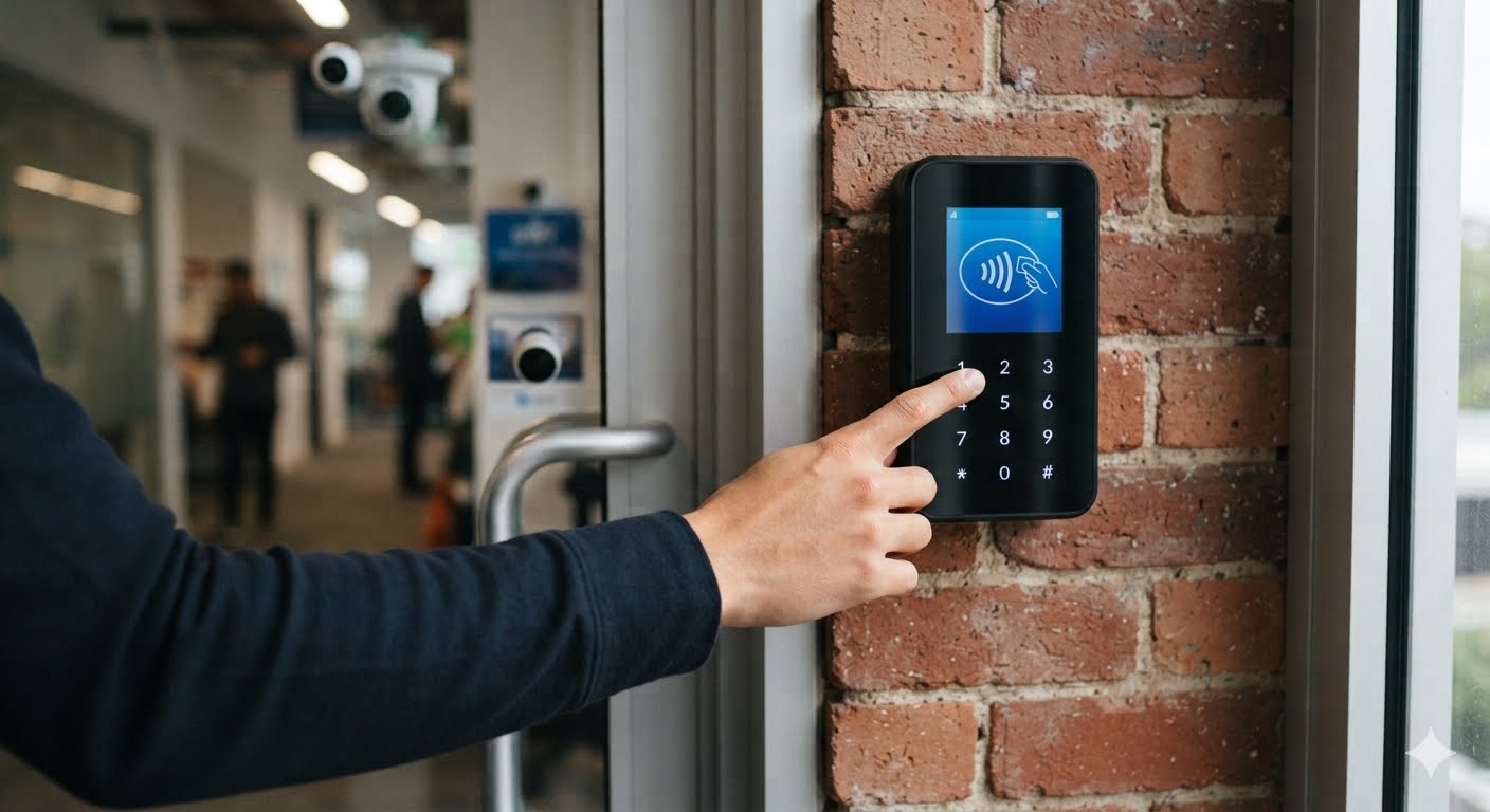 Person entering a PIN on a modern keypad access control reader mounted next to a glass door