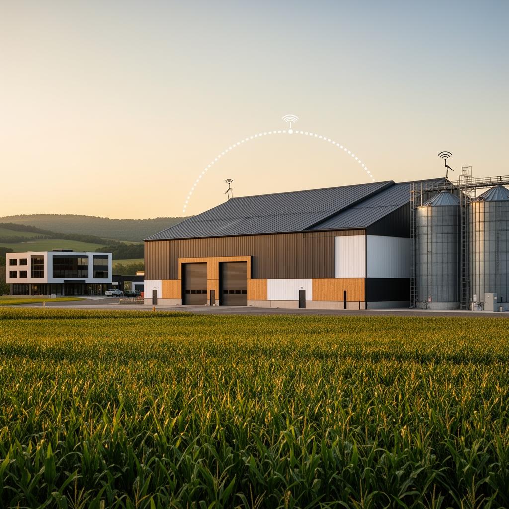 Wireless point-to-point link between a commercial building and a farm barn across a cornfield