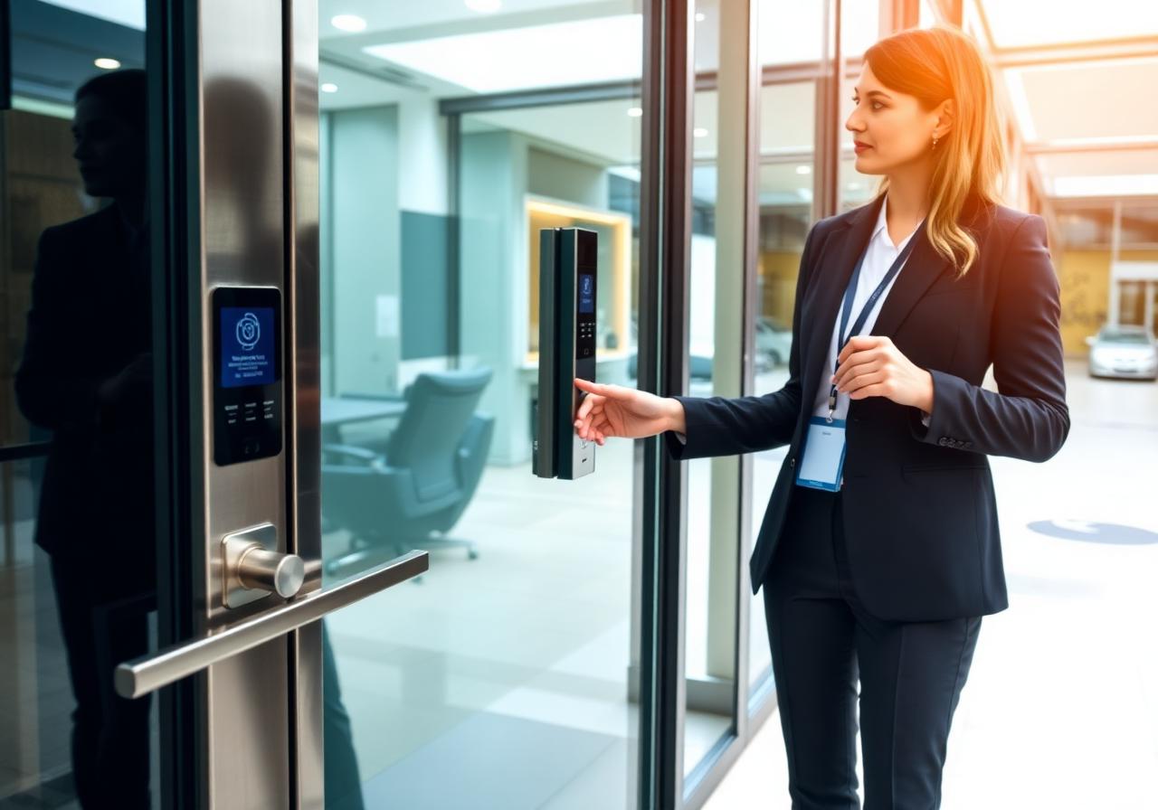 Keycard reader mounted beside an office door