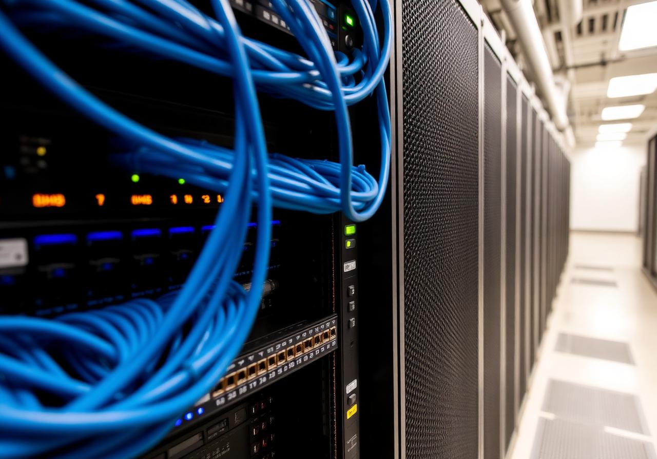 Business network equipment rack with patch cables and backup internet gear